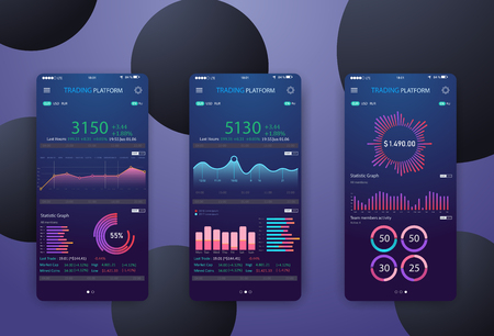 Business trend analysis on smartphone screen with graphs, perspective flat design infographic on colored background. Mobile phone with radial pie chart diagram conceptual vector illustration, eps10.のイラスト素材