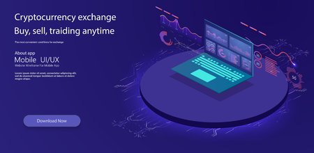 Financial review with laptop and infographic elements. Isometric set of infographics with data financial graphs or diagrams, information data statistic and design elementsのイラスト素材