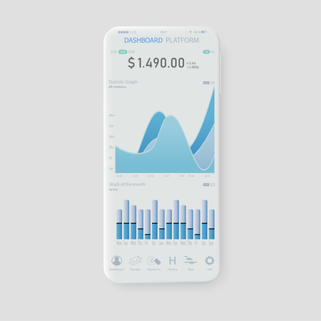 Clean Mobile UI Design Concept. Trendy Mobile Banking. Cryptocurrency Technology. Bitcoin Exchange. Financial analytics. Trading Business Application Template. Vectorのイラスト素材