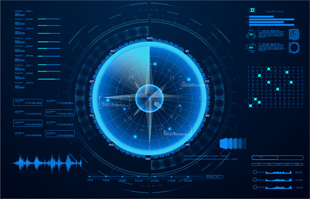Futuristic radar. Military navigate sonar.Futuristic concept HUD, GUI style. Screen ( Dashboard, Futuristic Circle, Space Elements, Infographics) Radar Screen and elements GUI interfaceのイラスト素材