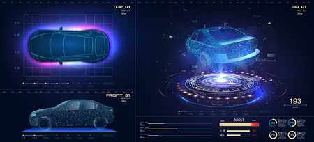 Future car in abstract style on blue background. Futuristic vector HUD GUI UI interface screen design. Automotive technology concept. Hologram of the car, scanning, auto service, mechanisms, service.のイラスト素材