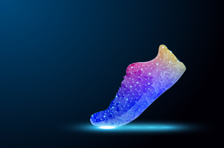 Abstract polygonal light of close up  shoes.Trendy abstract wireframe with blue shoe on black background. Abstract connection structure. Wireframe background. Trendy modern design.のイラスト素材
