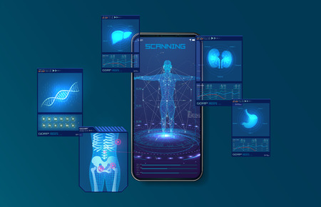 Scanning liver, lungs and skeleton scans a person with a mobile phone. Modern illustration for medical design.Health care. Futuristic interface. Display set of virtual interface elements. Vectorのイラスト素材