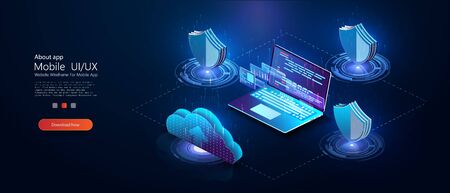 Program development and programming isometric icon, database, cloud computing,laptop Connection concept. Big data digital background.Network digital technology concept.Big data flow processing conceptのイラスト素材