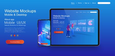 Web design template. Concept of website design and development, app development, seo,business presentation. Online statistics and data Analytics. People interacting with charts and analyzing statisticのイラスト素材