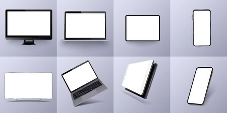 Vector minimalistic 3d isometric illustration set device. Smartphone, laptop, tablet, tv perspective view. Side and top view. Mockup generic device. Template for infographics or presentation. Vectorのイラスト素材
