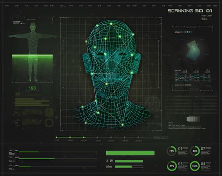 Artificial intelligence. Biometric identification or Facial recognition system concept in style HUD GUI. Concept of biometric technology, digital Face Scanning, human head. Futuristic green backgroundのイラスト素材