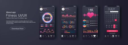 Different UI, UX, GUI screens fitness app and flat web icons for mobile apps, responsive website...