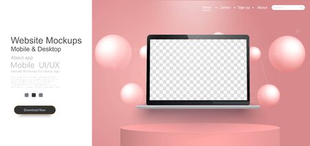 Realistic modern laptop isolated on coral background. Vector illustrationのイラスト素材