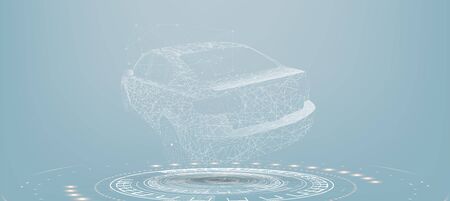 Hologram car. Futuristic auto in style low poly , wireframe in line. Virtual graphical interface HUD. Vector illustrationのイラスト素材