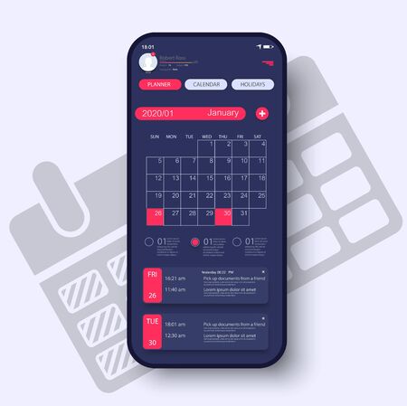 Calendar 2020, organizer Concept UI, UX, GUI screens and flat web icons for mobile apps, responsive app.のイラスト素材
