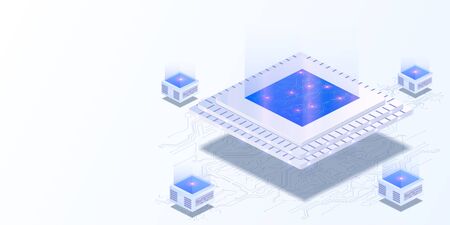 Quantum computer, large data processing, server room, data base concept. Futuristic CPU. Quantum processor in the global computer network. CPU isometric banner. Vector illustrationのイラスト素材