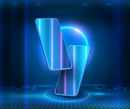 Smartphone frame less blank screen, rotated position. 3d isometric illustration cell phone. Smartphone perspective view. Template for advertising. Phone with the neon reflection on the screen. UI UXのイラスト素材