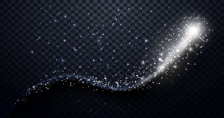 Golden particles wave. Sparkle stardust. n Vector glittery twirl with shiny Christmas confetti on premium luxury black background. Glowing lines. Vector illustrationのイラスト素材