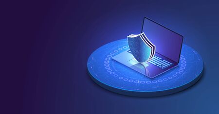 Laptop with protected guard shield security concept. Security, privacy or other concept illustration or background. Isometric internet security.のイラスト素材