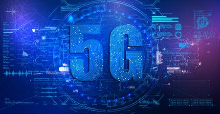5G technology with circuit board is background. 5G network wireless systems. Interface set for GUI, UI, UX design. HUD style. Technology elements. Futuristic virtual graphic touch user interface.のイラスト素材