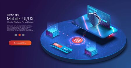 Mobile data security. Online payment protection system concept with smartphone and credit card. Digital security financial information and protection access bank account. Isometric vector illustrationのイラスト素材