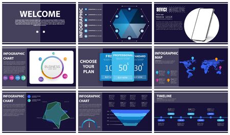 Presentation template, blue and black infographic elements. Flat design vector infographic elements for presentation slides, annual report, business marketing, brochure, flyers, web design and banner.のイラスト素材