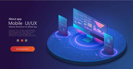Application of PC, phone with business graph and analytics data on isometric device. Analysis trends and financial strategy by using infographic chart. Online statistics and data Analytics. Vector illustrationのイラスト素材