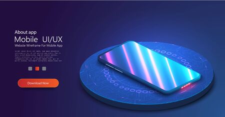 3D realistic template of an imaginary phone with the neon reflection on the screen. Perspective view of the smartphone on the podium. The layout of the device. Presentation of the interface design.のイラスト素材