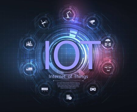 Internet of things IoT and networking concept for connected devices. Spider web of network connections with on a futuristic blue background. Wireless connections of information technology. Vector illustrationのイラスト素材