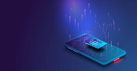 eSIM card chip sign. Embedded SIM concept. New mobile communication technology. Mobile global internet communications. Futuristic projection sim card. Vector illustrationのイラスト素材