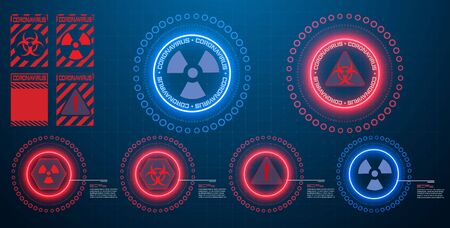 HUD, UI, GUI futuristic user interface screen elements set. Coronavirus and red and blue biohazard sign. The virus is an epidemic. Warning sign danger.Modern banners, frames of lower third. Vector illustrationのイラスト素材