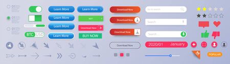 Set of vector modern material style buttons. Different gradient colors and icons. Empty web buttons. Colorful navigation long web button. Interface buttons. Search bar. Web UI elements for browsers.のイラスト素材