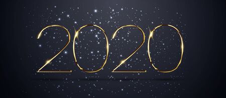Happy New Year 2020 winter holiday greeting card design template. Party poster, banner or invitation gold glittering stars confetti glitter decoration. Vector background with golden gift bowのイラスト素材