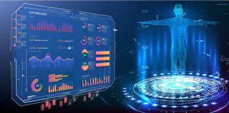 HUD, GUI, UI, dashboard element ui medical examination. Display set of virtual interface elements. Modern medical examination style. Body hologram. Data monitors, statistics and diagrams, infographicのイラスト素材
