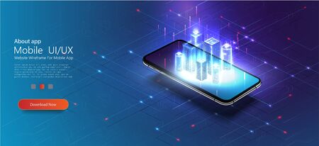 Smart city or intelligent building isometric vector concept IOT. Digital hologram of smart city on the screen of smartphone with Internet of things. Polygonal wireframe building.Vector illustrationのイラスト素材