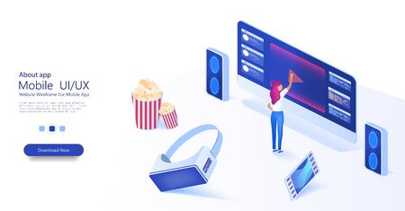 The girl chooses a movie. Watching film on big screen with sound system. Popcorn, virtual reality glasses and film in a trendy style. Outdoor movie theater,のイラスト素材