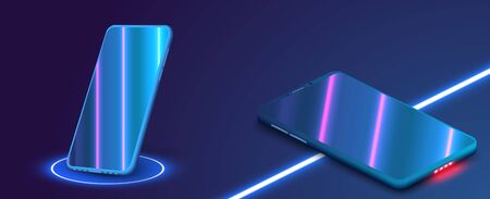 3D realistic template of an imaginary phone with the neon reflection on the screen. Perspective view of the smartphone.のイラスト素材