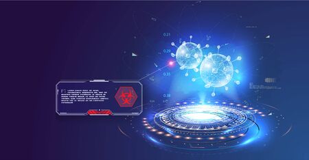 Bacteria, dangerous virus 3D projection on a blue futuristic background. Hologram of Covid-19, Coronavirus bacteria on a blue futuristic background.のイラスト素材