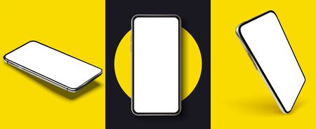 Smartphone frame less blank screen, rotated position. Smartphone from different angles. Mockup generic device. UI UX smartphones set.のイラスト素材