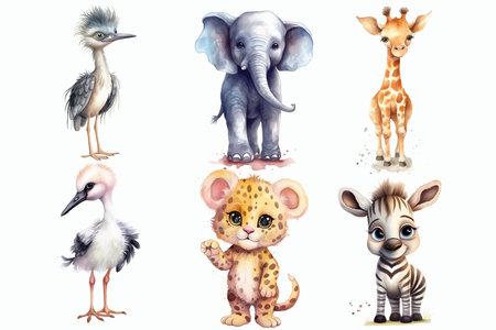 Safari Animal set zebra, giraffe, leopard, japanese crane, elephant, heron in 3d style. Isolated vector illustrationのイラスト素材