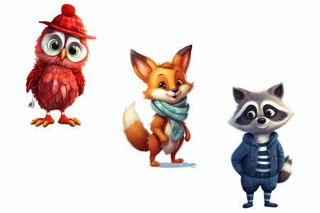 Safari Animal set owl, fox and raccoon in 3d style. Isolated vector illustrationのイラスト素材