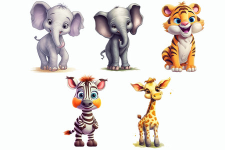 Safari Animal set Giraffe, elephants, lion, zebra in 3d style. Isolated vector illustrationのイラスト素材