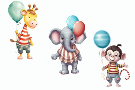 Safari Animal set giraffe, elephant, monkey with balloons in 3d style. Isolated vector illustrationのイラスト素材