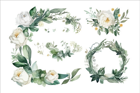 Watercolor invitation design with white garden roses, wildflowers, leaves. Decorative flower elements template. Flat cartoon illustration isolated on white backgroundのイラスト素材