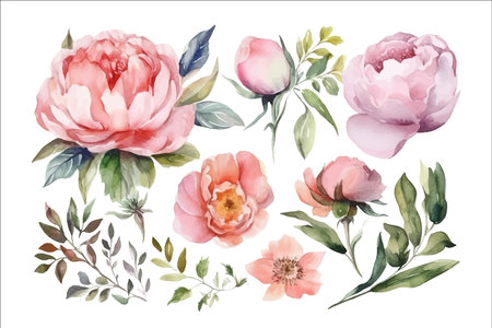 Set watercolor pink flowers, garden roses, peonies. Decorative flower elements template. Flat cartoon illustration isolated on white backgroundのイラスト素材