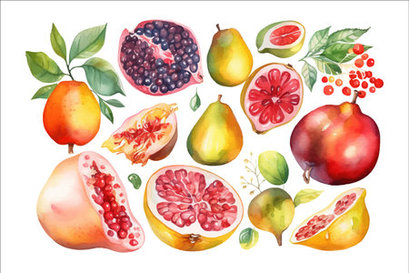 Vector set of fruits - pomegranate, fig, orange, lemon. Decorative flower elements template. Flat cartoon illustration isolated on white backgroundのイラスト素材