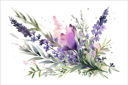 watercolor arrangements with flowers lavender. bouquets with wildflowers, leaves, branches. Decorative flower elements template. Flat cartoon illustration isolated on white backgroundのイラスト素材