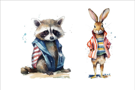 Safari Animal set hare and raccoon on holiday in 3d style. Isolated vector illustrationのイラスト素材