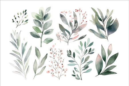 Watercolor floral bouquet branches collection elements set with green pink blush leaves. Decorative flower elements template. Flat cartoon illustration isolated on white backgroundのイラスト素材