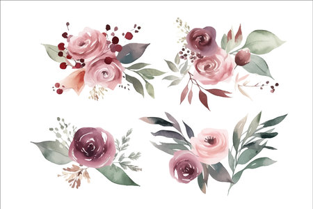Watercolor floral bouquets set - green leaves, burgundy maroon pink peach blush white flowers leaf branches. Decorative flower elements template. Flat cartoon illustration isolated on white backgroundのイラスト素材
