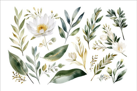 Watercolor floral illustration set - white flowers, green gold leaf branches collection, for wedding stationary, greetings, wallpapers, fashion, background. Decorative flower elements template. Flat cartoon illustration isolated on white backgroundのイラスト素材