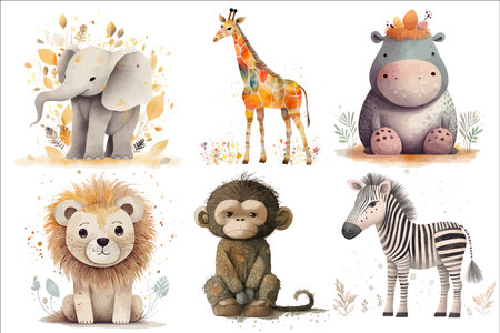 Safari Animal set lion, hippopotamus, zebra, giraffe, elephant, monkey in 3d style. Isolated vector illustrationのイラスト素材