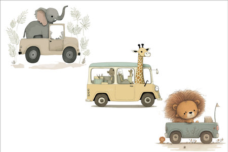 Safari Animal set lion, elephant, giraffe in a jeep in 3d style. Isolated vector illustrationのイラスト素材