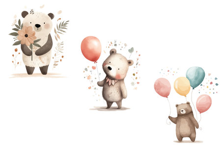 Safari Animal set bear with a bouquet of flowers, balloons, with a bouquet of flowers and a balloon in 3d style. Isolated vector illustrationのイラスト素材